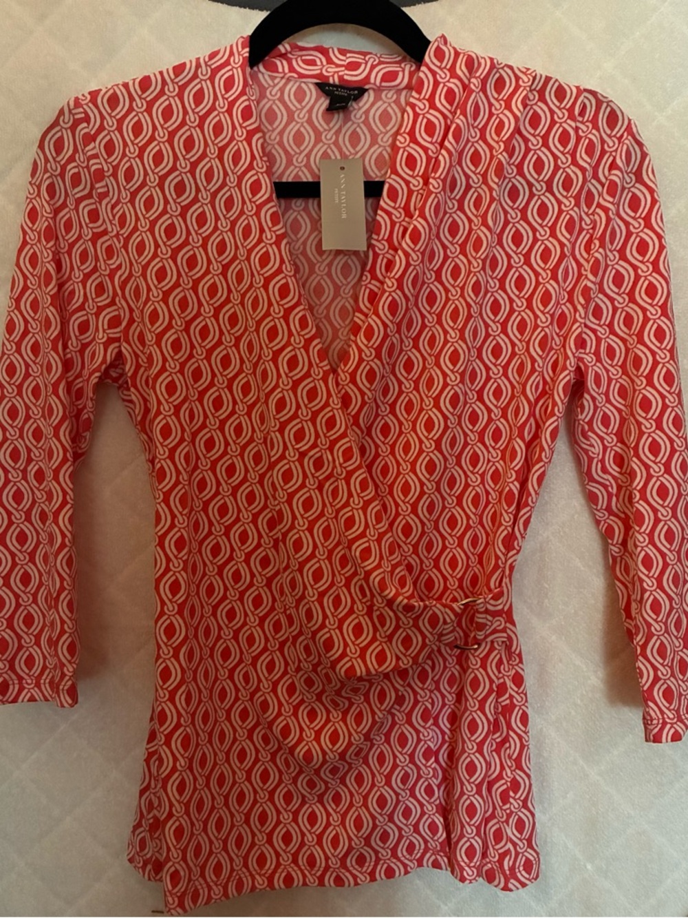 Ann Taylor Petite Pink and White Chain-Print Blouse